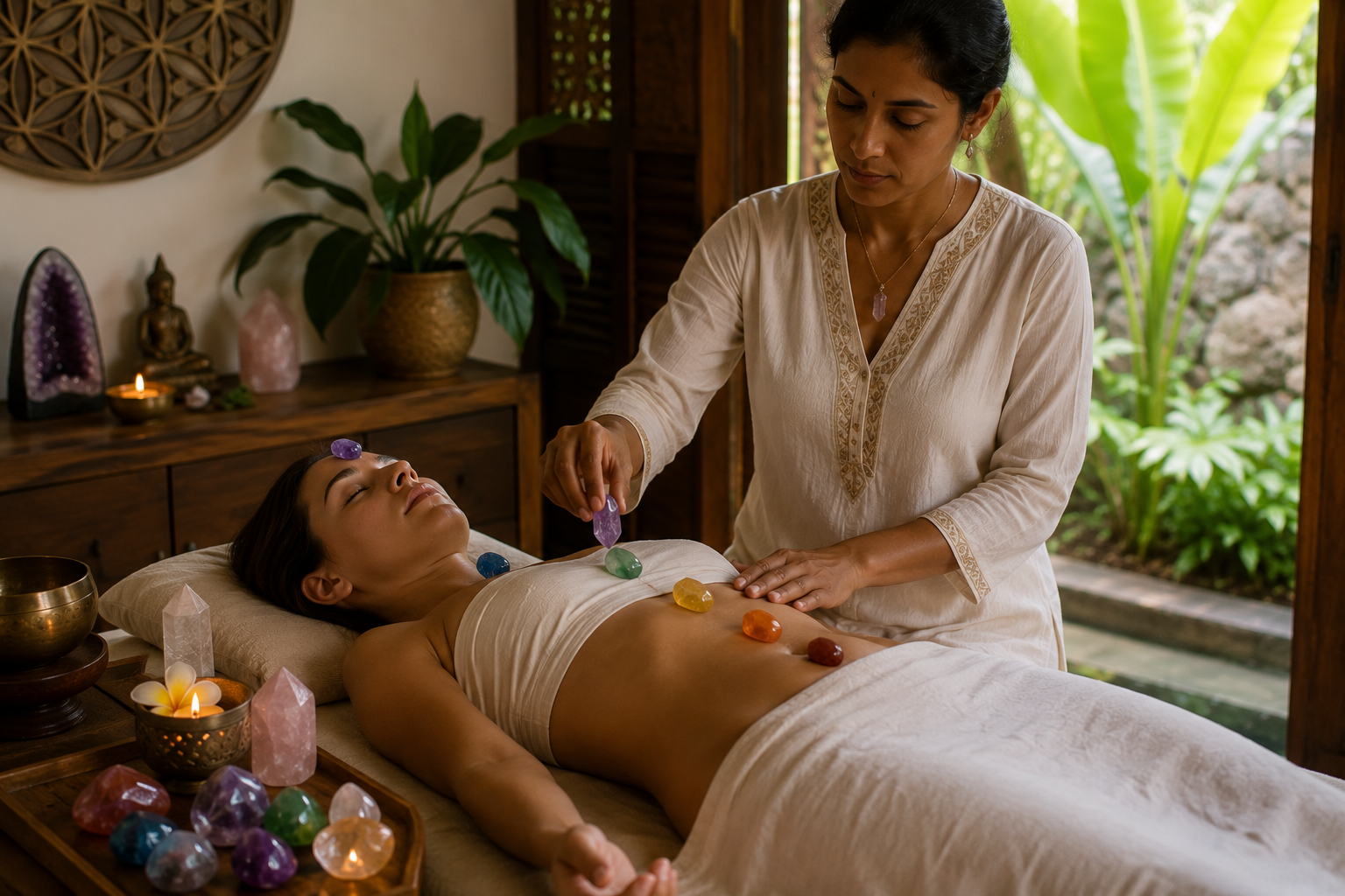 Harmonisation énergétique cristaux sur chakras – Samana Retreat Grand Baie Maurice