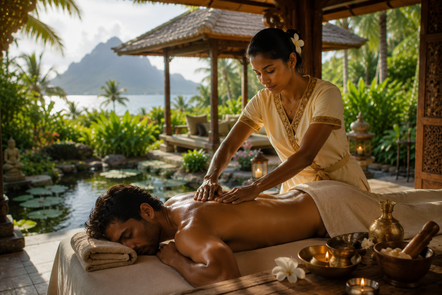 Abhyanga huiles chaudes marma points massage ayurvédique Maurice