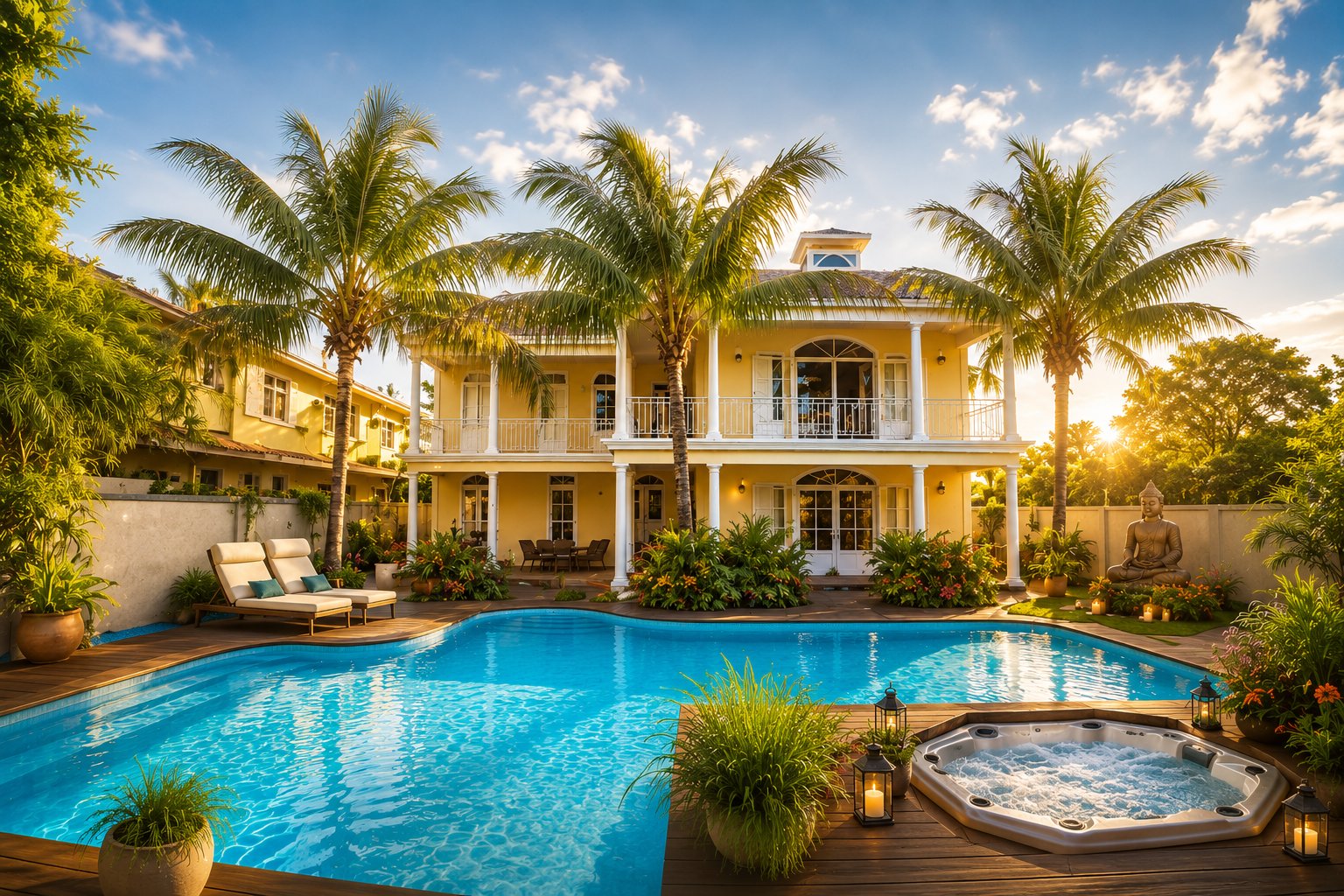 Villa Samana Retreat vue depuis la piscine – jardin tropical Grand Baie île Maurice